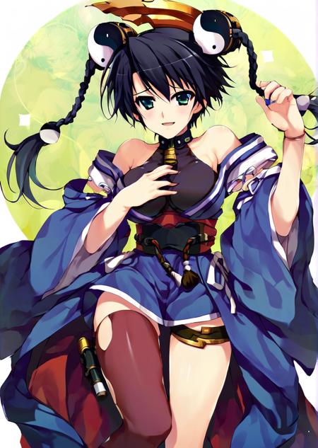  misha arsellec lune, black shirt,blue miniskirt, single thighhigh,indigo blue kimono