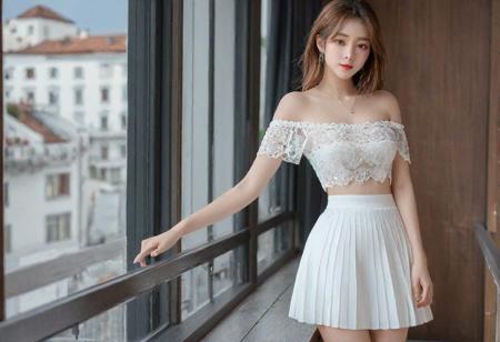 best quality),(highly detailed),(masterpiece),(ultra-detailed),illustration,((absurdres)),((incredibly_absurdres)),((highres)),1girl,(solo),(full body),(an extremely delicate and beautiful girl),(extremely detailed),(an extremely delicate and beautiful),(bare shoulders),(depth of field),(bare_shoulder),(((real))),((photo)),((((realistic)))),big breast,(bare breast), (solo),(stand),day,(beautiful detailed eyes), white skirt, see through, (Standing on the terrace), indoors,