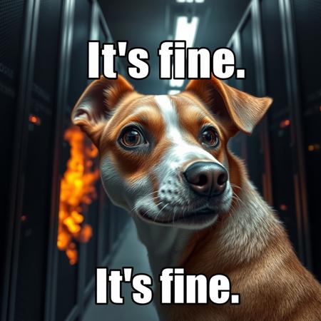 Funny Dog Eye Understanding Photo, side view,  1Dog from meme "Its fine", Frustrated, Trying to Fix Burning and Exploding Server Room