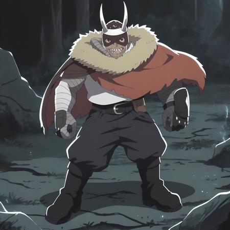 Ashura,1boy,mask,horned headwear,headband,brown eyes,sharp teeth, fur-trimmed cape, white shirt, bandages arms,gauntlets, black belt,black pants, boots, fat,chest hair,arm of arms,