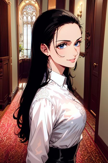 masterpiece, ((ultra detailed background, delicate pattern, intricate detail)), (highly detailed, fine details), best quality, beautiful lighting,((medium breasts, slim girl)), (white shirt, formal shirt, black pants, formal clothing), hair in a bun, NicoRobinV2, 1girl, black hair, long hair, solo, smile, blue eyes, closed mouth, hair slicked back, (complex detailed background, inside, hallway environment, classy interior, window, daytime), (portrait),  <lora:NicoRobinV3Eight:0.75>