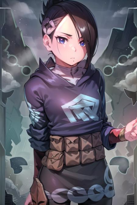 pokemonmai, black hair, blue eyes, mole, mole under mouth, short hair, eyelashes, black footwear, black skirt, boots, brown bag, character print, diamond clan outfit, hood, hood down, jacket, pantyhose, pouch, print pantyhose, skirt,long sleeves,