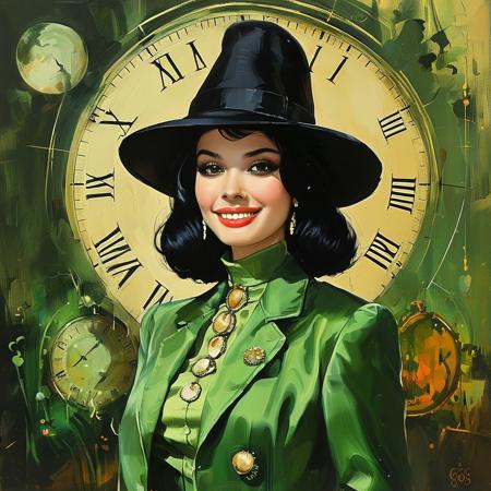 score_9, score_8_up, score_7_up, style of Basil Gogos, solo, 1girl, smiling, black hair, hour glass figure, makeup, wearing a layered green blouse, dress, jacket, hat, elegant, fantasy, vibrant colors, masterpiece, detailed,