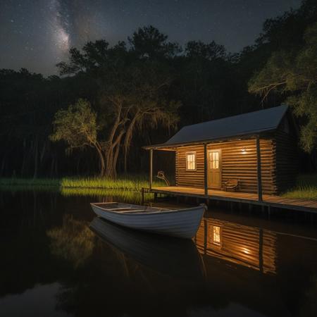 At night, a small row boat lied moored at a dock next to a brightly lit but old cabin that rests on the riverbank in the middle of the bayou