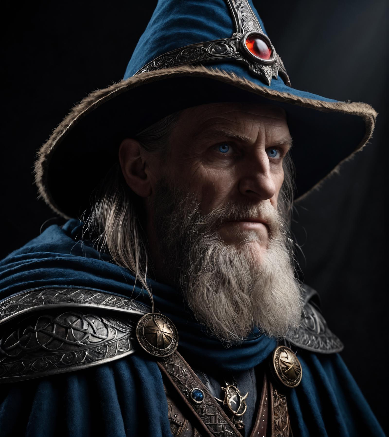 Old man wearing a blue wizard hat with a blue gem in it.