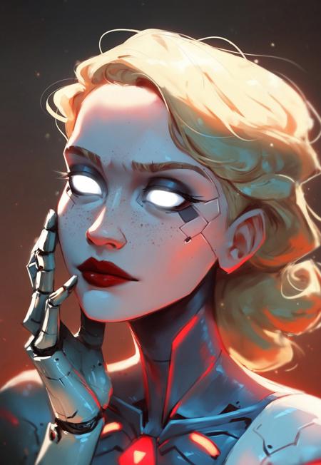 score_9, score_8_up, score_7_up, beautiful sinister blonde girl, no pupils, white eyes, freckles, bold red lipstick, futuristic sleek hairstyle, villainous aura, cyberpunk prosthetic arm, intricate mechanical details, cyberpunk elements on face, glowing lines, metallic accents, metallic shine, sharp features, contrast beauty, high-tech dystopian enhancements

<lora:Expressive_H:0.2> ExpressiveH
<lora:samdoesartsPony:0.4>