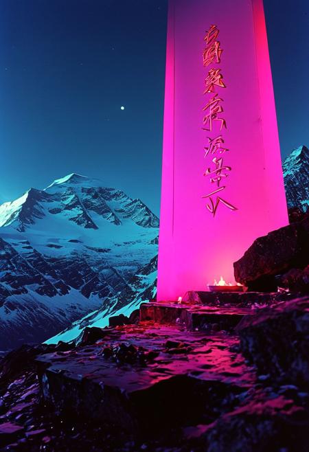 The summit of a snowy mountain, reached only by the most devoted. A stone platform overlooks the world below, where rituals are held to call upon the power of the wind and sky, surrounded by towering ice formations., 
in the style of a vintage, high-contrast setting, capture the essence of a campy and sensual satanic ritual. Emphasize theatrical elements with bursts of bright colors against dark, moody backgrounds
,grim landscapes with vibrant exaggerated neon colorful art, 
, old 80's VHS dark fantasy, VHS screen grab, grainy, old footage