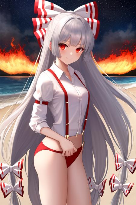 masterpiece, best quality, highres, solo, {night:1.10}, {starry sky:1.10}, beach, beautiful detailed sky, {extremely detailed background:1.20}, {fujiwara_no_mokou_touhou:1.10}, {standing:1.10}, looking at viewer, {bikini:1.30}, long_hair, bow, hair_bow, red_eyes, white_hair, very_long_hair, suspenders, bangs, fire, white_bow, hair_ribbon, light smile