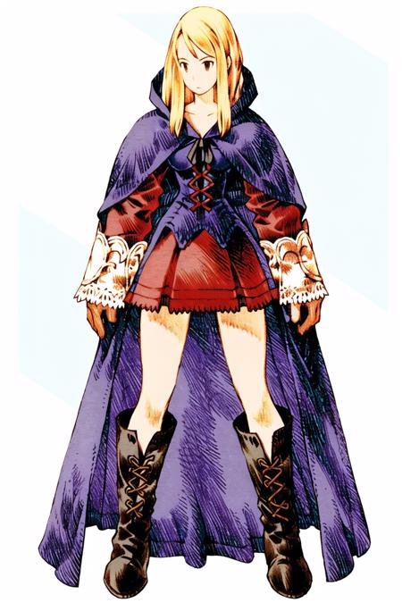 1girl, blonde hair, red cloak,  blue skirt, armor, thigh gap, lace-up boots,  legs apart, thick thighs, upper body,  <lora:v1.8+v2.2:1>