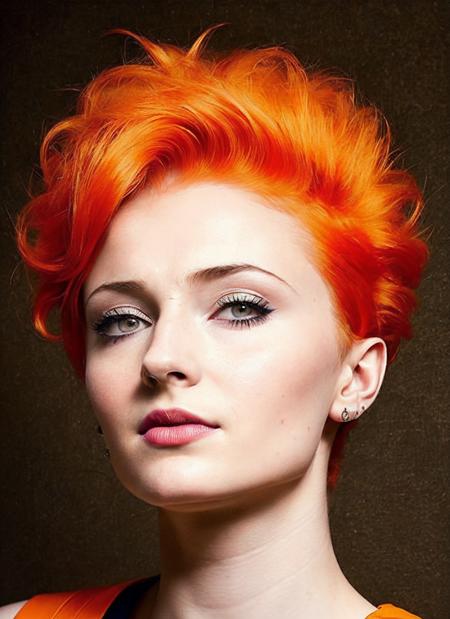 portrait of sks woman by Flora Borsi, style by Flora Borsi, bold, bright colours, orange Mohawk haircut, ((Flora Borsi)), <lora:locon_sophie_v1_from_v1_64_32:1.4>