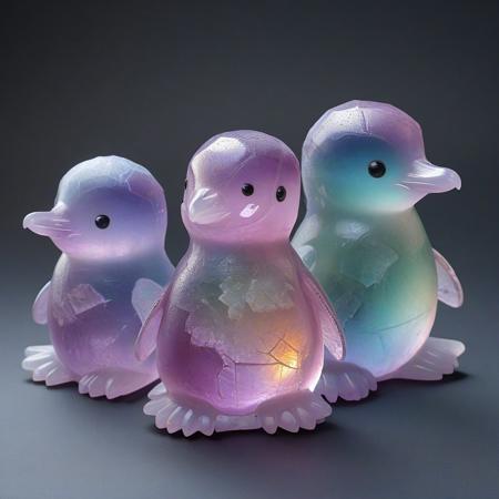 score_9, score_8_up, score_7_up, score_6_up, score_5_up, chibi penguins made of fluorite mineral, iridiscent, seating, barking cute, (photographic medium), masterpiece, high detail, dynamic pose.