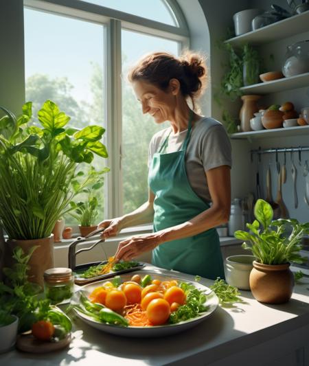 , <lora:DonMG414XL:1> ,biomorphic, Biomimetic, botanical,        A highly detailed mother in her kitchen preparing meal, window sunny day, happy, smiling,