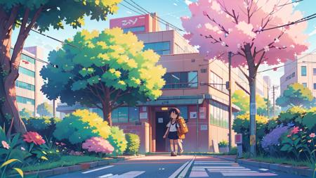 photography, animecity university building, cable, pedestrian, tree, flower, at dawn, pastel color, <lora:ARWAnimeCity:1>