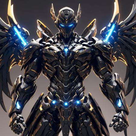 1man. male, solo, wearing black tech armor, holding glowing tech weapon infront of him, holding glowing tech sword, robot wings,  simple glowing background , HD, masterpiece, best quality, hyper detailed, ultra detailed,