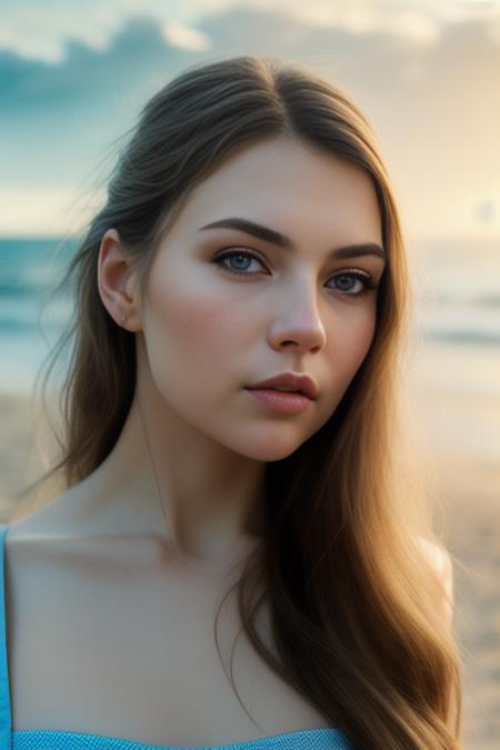 YuliyaIvanova (sharp focus:1.2), photo, (beautiful face:1.1), detailed eyes, luscious lips, (cat eye makeup:0.85), wearing (bikini:1.2) on a (beach:1.2). depth of field, bokeh, 4K, HDR. by (James C. Christensen:1.2|Jeremy Lipking:1.1).  <lora:YuliyaIvanova:0.9>