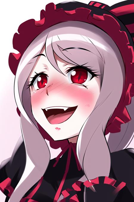 shalltear bloodfallen, casual dress, 1girl, red eyes, blush, solo, open mouth, smile, fang