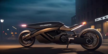 black and brass science fiction hovering industrial motorcycle in crowded downtown streets, science fiction, cinematic lighting, night time, volumetric light, imax, dslr, highly detailed, volumetric fog, dystopian vibes, dutch angle, cinematic angle <lora:Sci-fi motorcycles:0.8>