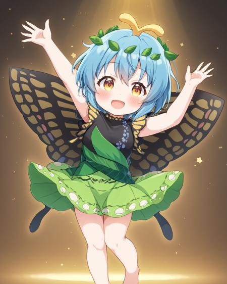 eternity larva, barefoot, antennae, butterfly_wings, open_mouth, one_eye_closed, green_dress, leaf_on_head, fairy, smile, multicolored_dress, blush, short_sleeves, eighth_note, 2girls, full_body, solo_focus, arm_up
<lora:eternity_larva_image1690_2023-12-20:1>,star-shaped_pupils,symbol-shaped_pupils,. gorgeous,key visual, vibrant, studio anime,award-winning, professional, highly detailed,high budget, cinemascope