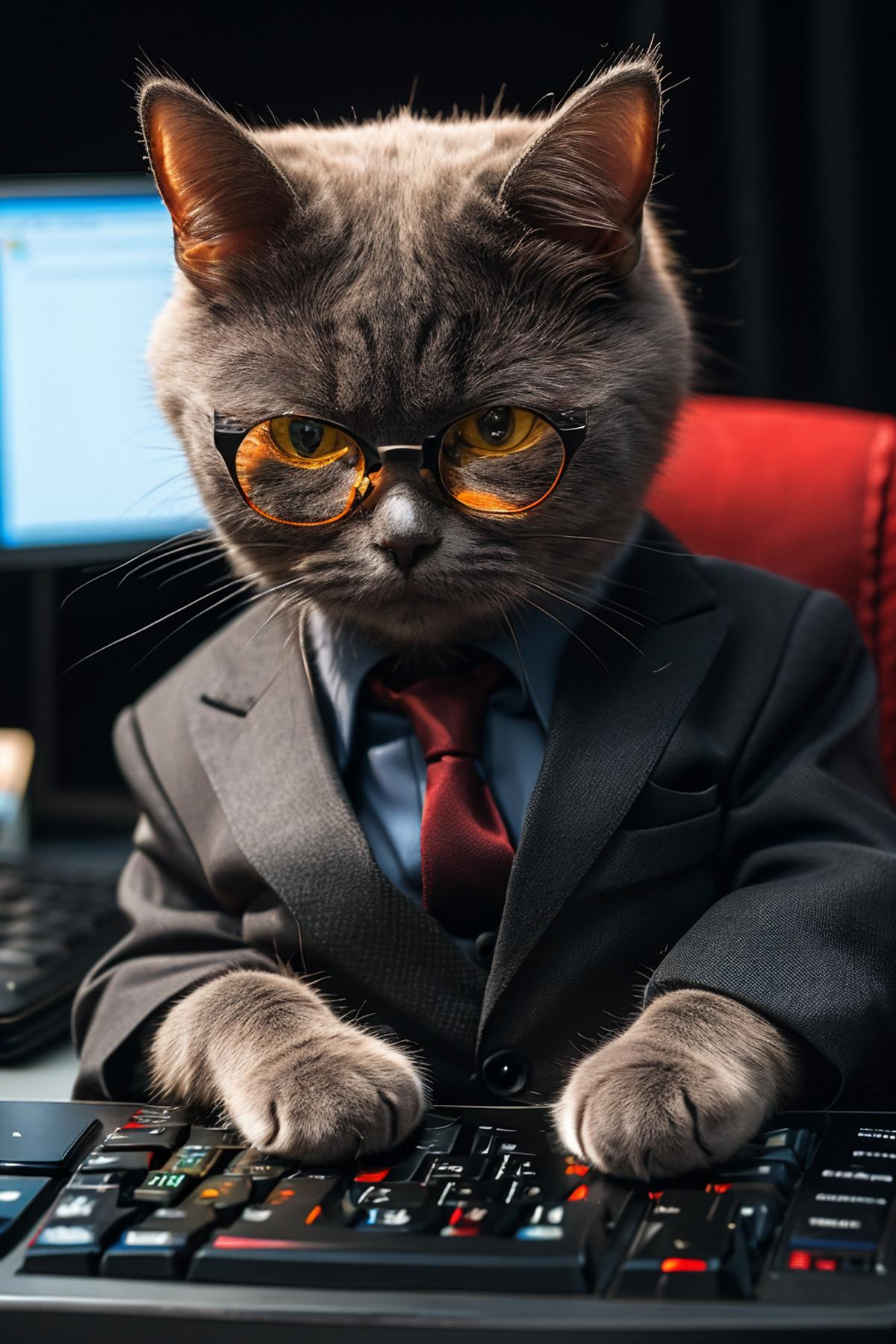Cat in a Suit and Glasses Posing in a Red Chair in Front of a Computer Monitor