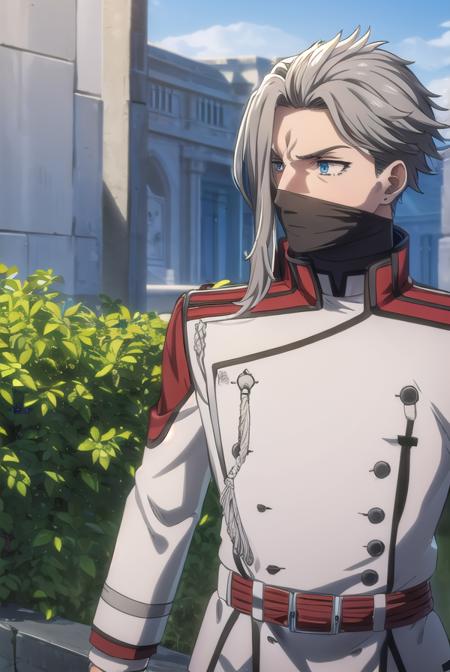 master, grey hair, male focus, mask, mouth mask, blue eyes, belt, white gloves, uniform, military, military uniform,