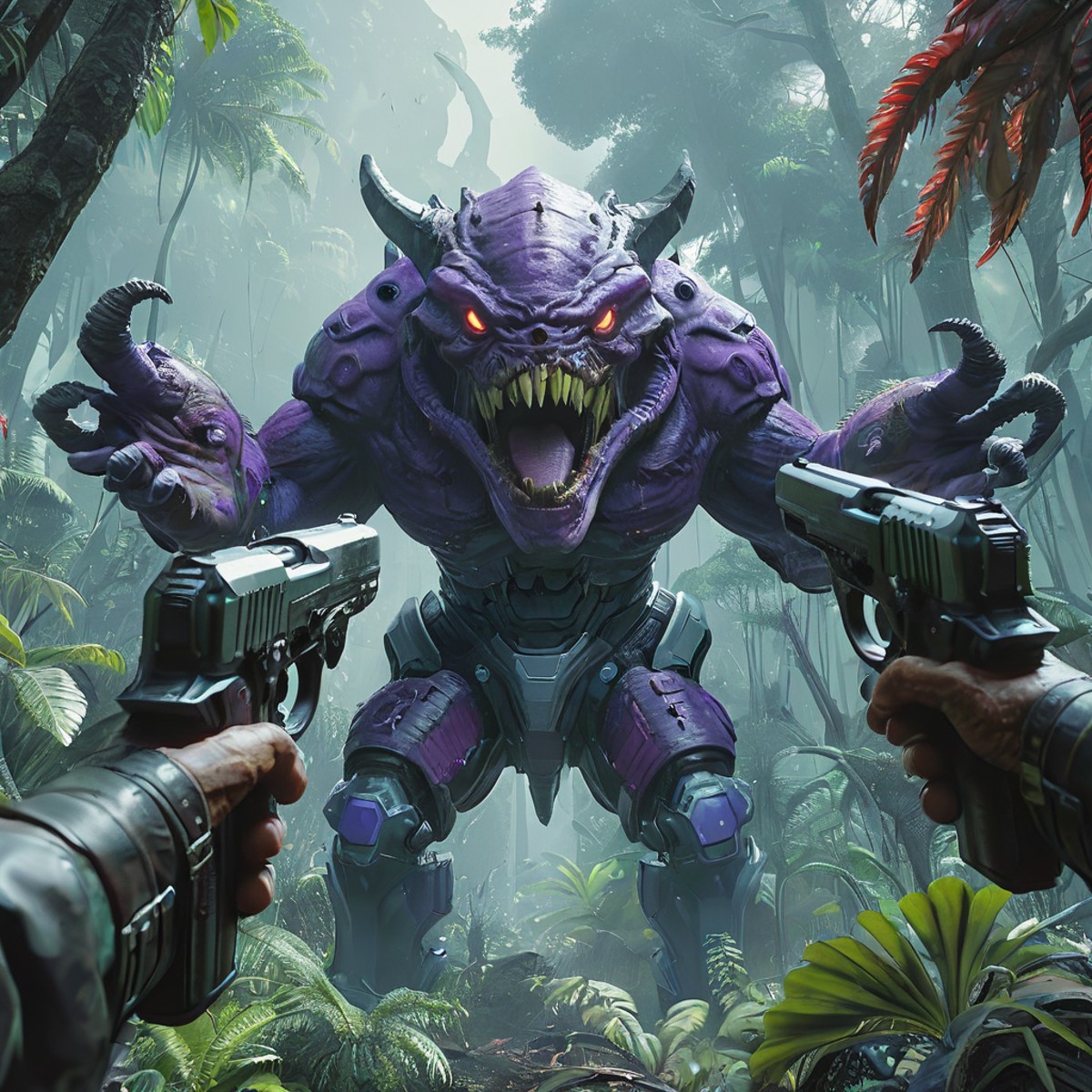 Cinematic shot of a knight holding pistols in each hand, fighting a big purple alien boss with big eyes, jungle in backgro...