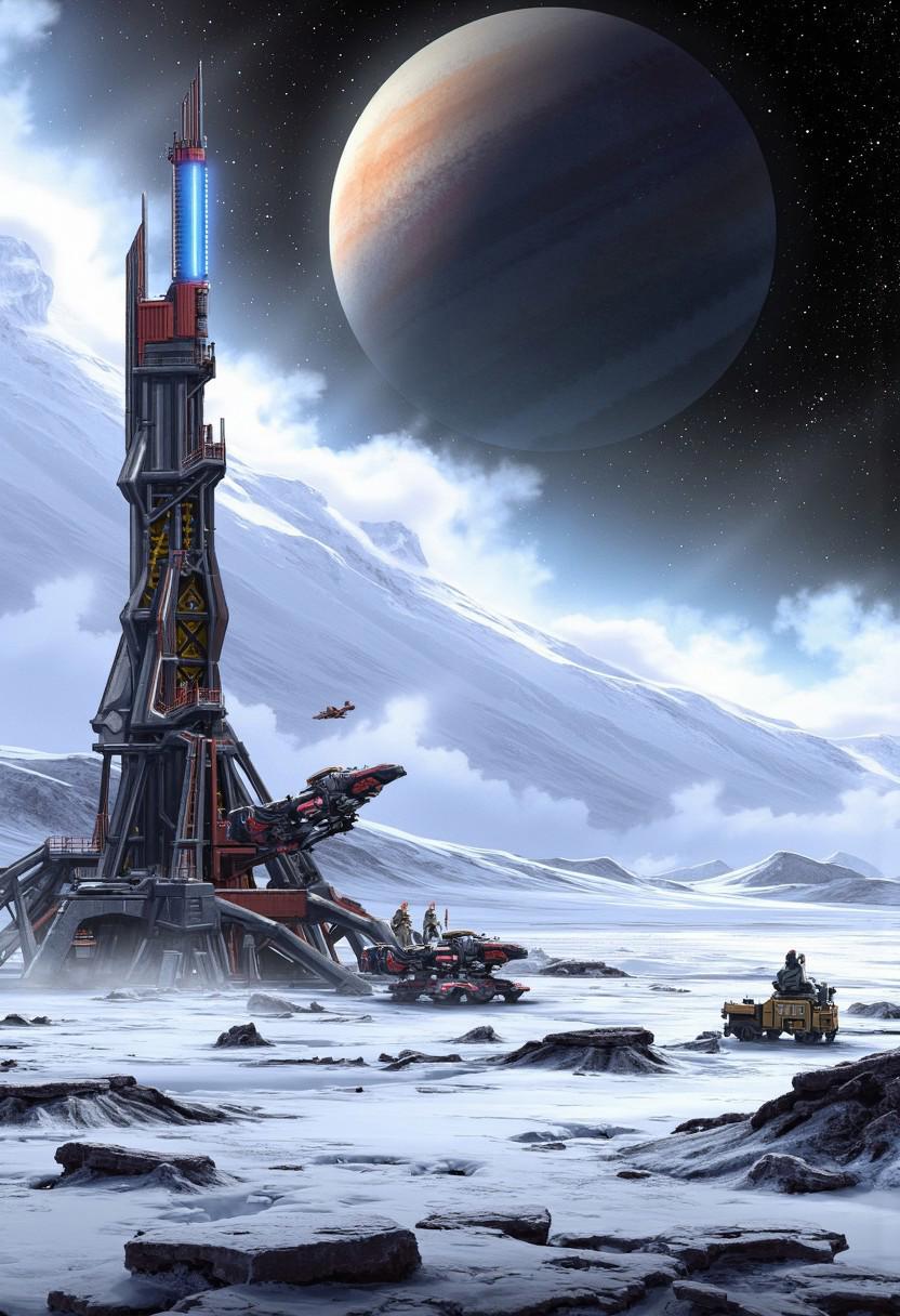 Starfield Concept Art of a barren frozen world with a super tower that has spaceships landing on it. in the background is a giant ringed planet.