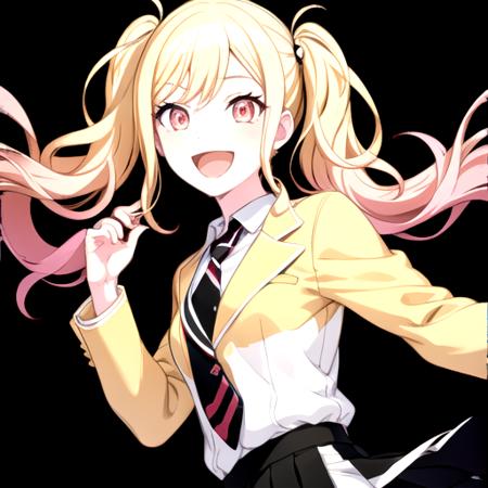 <lora:TenmaSaki-05:0.7>, tenmasaki, looking at viewer, smile, open mouth, skirt, simple background, shirt, twintails, school uniform, jacket, white shirt, :d, pleated skirt, necktie, striped, collared shirt, black skirt, red necktie, black background, yellow jacket, colored tips