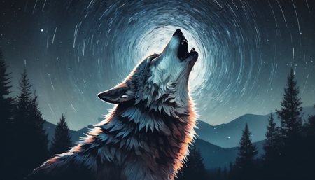surreal double exposure portrait of a beautiful howling wolve in dark mountain forest scenery against star trail starry night, by Dave White, Conrad Roset, Brandon Kidwell, Andreas Lie, Dan Mountford, Agnes Cecile, triadic colours, thick opaque strokes, accurate depth of field, hyper detailed, whimsical, dynamic, dreamy masterwork