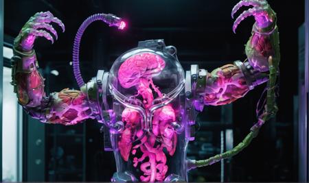 a photograph of (mutagen man) made out of metal and glass, (large human arms, ooze leaking out of transparent casing), clear metallic robot with blob like and a real brain in a vat in the middle, analog photo, RAW photo, subject, 8k uhd, dslr, dark scene, high quality, Fujifilm , sharp image