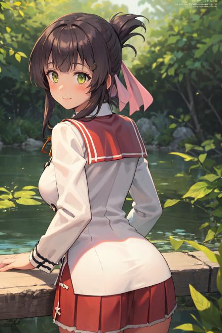 masterpiece, best quality, absurdres, 1girl, solo, MaiYanase, hairclip, folded ponytail, hair ribbon, white shirt, yellow bow, long sleeves, buttons, red sailor collar, red skirt, from behind, outdoors, forest, looking back, smile, blush, <lora:MaiYanase:1>