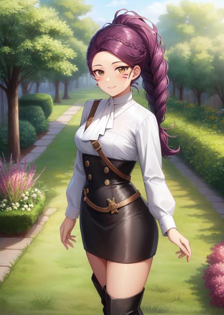 masterpiece, best quality, petra_academy, braided ponytail, facial mark, ascot, white shirt, black high-waist skirt, black boots, standing, garden, tree, smile <lora:petra-nvwls-v1-000006:0.9>