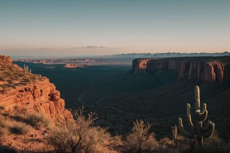 raw photo, a sunset landscape, Arizona desert, Saguaro Cactus, Tall Mesa,  cozy, photorealistic, high detailed texture, 8k uhd, dslr, soft lighting, high quality, film grain, Fujifilm XT3, Sony A7 IV, highly detailed photography, (muted colors, cinematic, dim colors, soothing tones:1.2), vibrant, insanely detailed, hyperdetailed, (dark shot:1.2), (vsco:0.3), (intricate details:0.9), (hdr, hyperdetailed:1.2) (highest coherency: 1.39) (highest quality: 1.39) (rule of Thirds) (award winning) (breathtaking) (masterclass) (vibrant color: 0.79) (distant hillside) (tall cliffs in distance; 1.19)