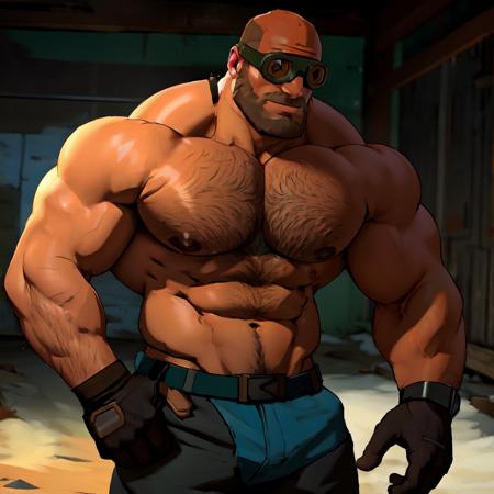 engineer_tf2, goggles, muscular male, male focus, nipples, hairy, bara, pectorals, <lora:ticktockLora-10:0.55>