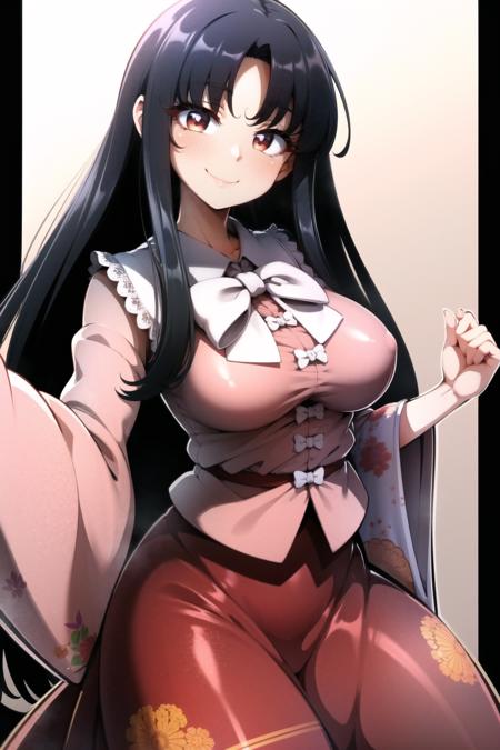 best quality, <lora:Kaguyav1:1>, Kaguya, 1girl, solo, long hair, looking at viewer, blush, smile, bangs, skirt, shirt, black hair, red eyes, long sleeves, bow, very long hair, closed mouth, frills, japanese clothes, wide sleeves, blunt bangs, bowtie, sleeves past wrists, red skirt, floral print, frilled skirt, white bow, frilled sleeves, sleeves past fingers, pink shirt, frilled shirt collar, hime cut, breasts