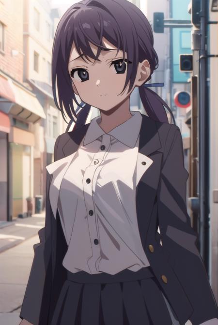 roka kitsuregawa, long hair, (black eyes:1.5), twintails, purple hair, skirt, thighhighs, ribbon, school uniform, black thighhighs, zettai ryouiki,