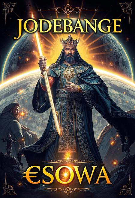 Create an epic, detailed book cover for a biography of Emperor J0DEBANGE the Eternal, who brought about the evolution of civilizations on the planet €SOWA.
The design should include:
Background: A stylized representation of the planet €sowa, with its name "€SOWA" subtly integrated into the design, using magical symbols and elegant patterns.
break
Main character: A majestic illustration of Emperor “J0DEBANGE” in the foreground, dressed in ornate midnight-blue imperial robes and holding a sword of light symbolizing his power and wisdom.
break
Light theme: Luminous elements surrounding the emperor, such as rays of golden light or brilliant auras, to reflect his honorific title of 'son of light'.
break
Mystical elements: Arcane and magical symbols floating around him, representing his status as 'Prince of Arcana'.
break
Book title: the emperor's name "J0DEBANGE" at the top, and the planet's name "€SOWA" at the bottom, in elegant, legible typography.
break
Art style: A blend of epic fantasy and science fiction using the Luis Royo style, with rich details and vibrant colors to capture attention.
break
General ambience: An atmosphere of grandeur and mystery, evoking epic tales and ancient legends."
Translated with DeepL.com (free version)