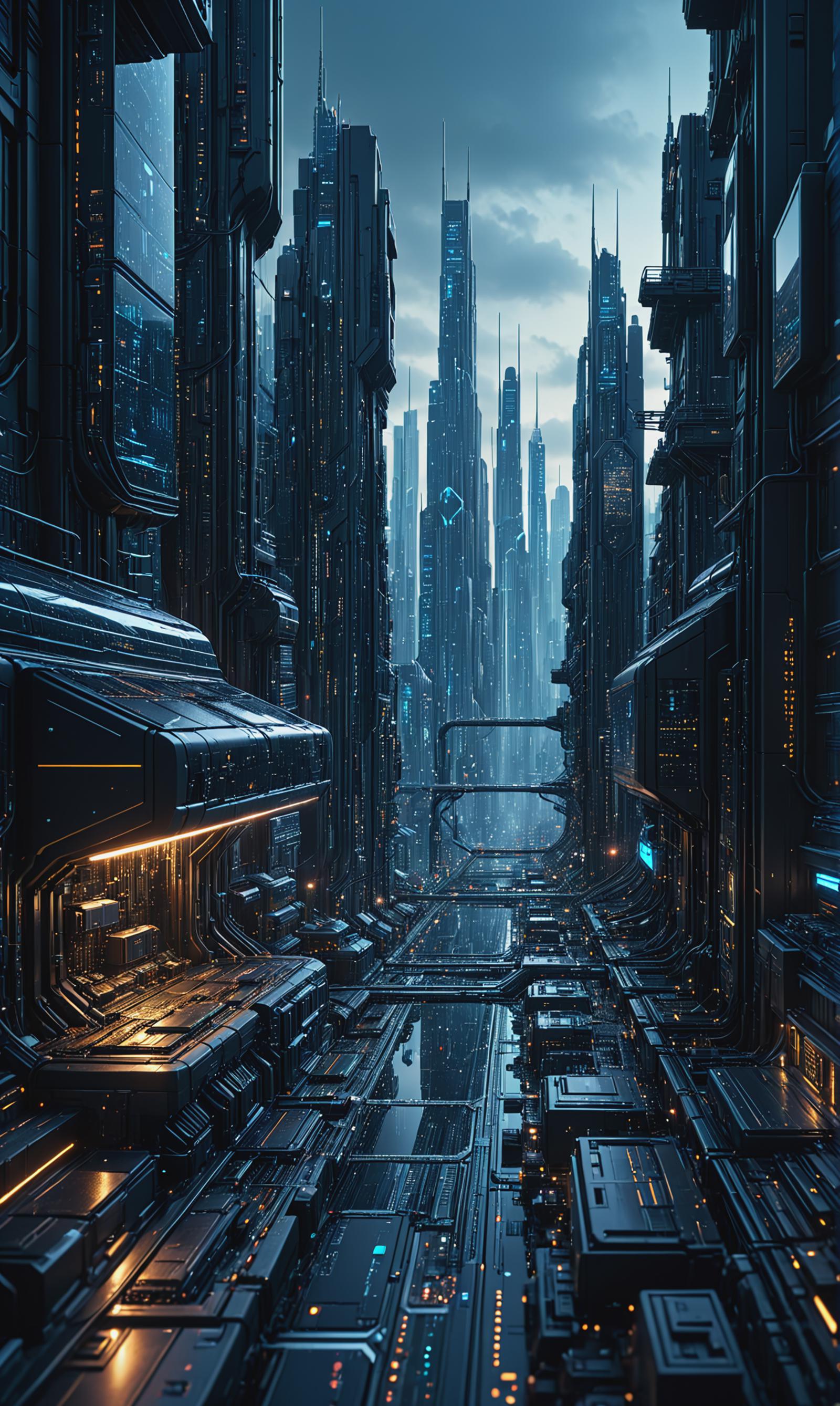 A Futuristic Cityscape with a Glowing Sky and Large Buildings