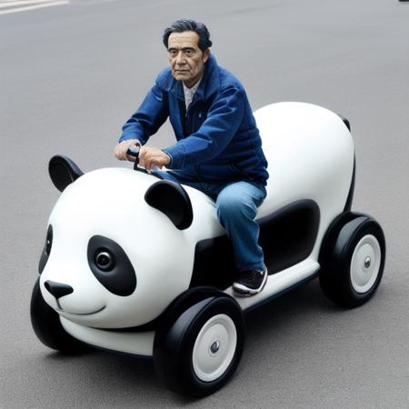 <lora:pandacar_v1:0.5>, (old man:1.1), sit astride, attraction, ground vehicle, handle, realistic, panda_car