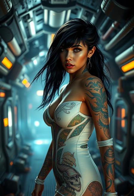 A captivating hyperrealistic post-apocalyptic, fotorealistic scene features a striking, buxom woman with black hair, tanned skin, a thin nose, big brests, full lips and skin completely covered with tattoos.. She wears an intricate white futuristic tight short dress with bare shoulders and long sleves , in a vibrant mix of blue, green, yellow, red, brown, pink, and white. She is ready to fight. mysterious, tense atmosphere is amplified by the dark, deserted spaceship, where she explores the dimly-lit corridors illuminated by occasional glows and flickers. The artist's touch, reminiscent of Tite Kubo's style, adds a unique flair to this dystopian landscape, making it both captivating and ominous.