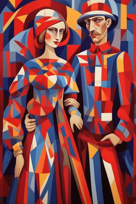 <lora:Natalia Goncharova Style:1>Natalia Goncharova Style - men and women full bodys traditional Ukrainian clothing cubism poster style