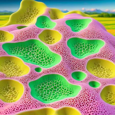 es11grat, es11cells, es11pong, white cells, colorful border, blob,   evening background, 3d, DOF, yellow-green, pink dots, grate, landscape
