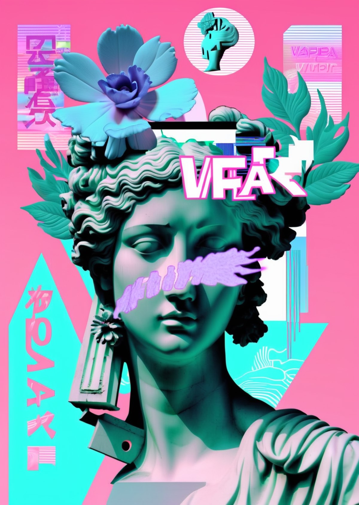 a statue of a woman with a flower in her hair and a message that reads : 'VAPOR-GRAPHIC',   <lora:vapor_graphic_sdxl:0.6> ...