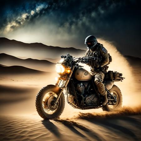 photo, a soldier on a motorcycle in the desert at night (armybiker style:1)  <lora:djzArmyBiker:0.8>