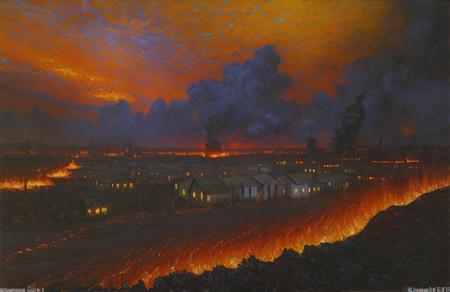 (impressionism:1.15), Lava Tube, russian panel houses, (Vincent Di Fate:0.7), rural, a painting,scene painting,scenery, <lora:russian_panel_houses_v105:1>,