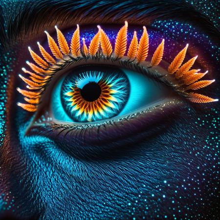 Extreme close-up, macro photograph of a single human eye. The eyebrow is replaced by a stylized arrangement of numerous tiny, glowing orange fern leaves, meticulously placed to form the shape of a natural eyebrow, with no hair-like structures visible. The eyelashes are long, thick, and bioluminescent teal, casting a soft, ethereal glow. The iris is a mesmerizing blend of intense purple and pink, radiating a powerful bioluminescent light, with intricate patterns and textures clearly visible. The pupil is a window into a dynamic, otherworldly scene: a miniature, swirling cosmos filled with vibrant colors and intricate bioluminescent patterns. The overall image should have a hyperrealistic, cinematic quality, with exceptional detail and clarity. The lighting should be dramatic and evocative, emphasizing the bioluminescent elements and creating a sense of depth and wonder. The background should be a deep, rich black, allowing the eye to be the sole focus. The image should evoke a sense of mystery, beauty, and the fantastical.