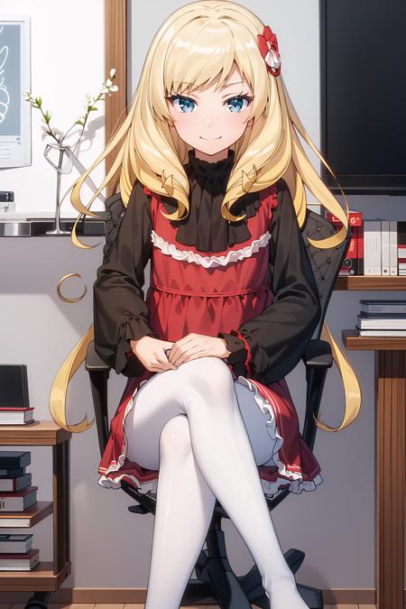 OonoAshley blonde hair, blue eyes, long hair, hair ornament black shirt, red dress, white pantyhose