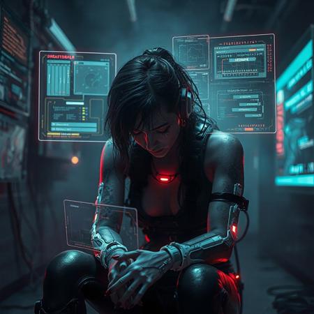 A cyberpunk female operative enhanced with high-tier cyberware, seated in a dimly lit industrial room, head down, arms trembling, visibly drained.
Her eyes glow faintly, projecting fragmented holographic UI panels around her — ghost interfaces from the extranet still flickering mid-air.
Her body shows signs of long-term integration stress: exposed neural links, burnt-out ports, and glitching implants under her synthetic skin.
She’s half-present — lost between the real world and the cyber dimension, digital glitches distorting the air around her.
Her environment reflects her burnout: screens full of static, leaking cables, soft neon reflections off cold metal walls.
Brutally realistic lighting, cinematic shadow play, photorealistic cyberpunk dystopia, emotional tension, detailed textures, 8K ultra-quality.