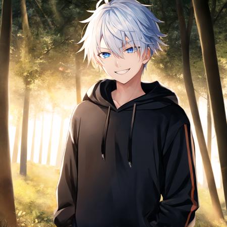 1 boy, tall, blue eyes, white hair, black hoodie, smirking, teeth visible, cowboy shot, equal sized eyes, forest background, dynamic lighting, evening time, dark orange sun rays, straight head, facing viewer,  <lora:Gojo-000176:1>