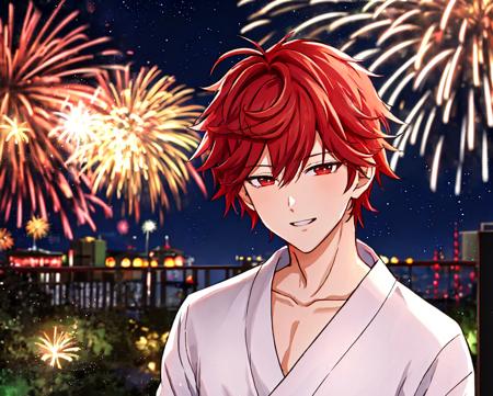 4K, Masterpiece, highres, absurdres,<lora:Bishounen:0.7>, bishounen, attractive man, red hair, male yukata, standing, looking at the viewer seductively, taken from a sony camera, face ultra focus,  fireworks in the background