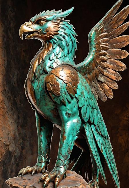 Patina Gryphon: Copper Predator
Concept: patina metal skin, pms style, gryphon, creature, copper, verdigris, texture, glistening, artistic grit, weathered metal, sleek, polished, bold.
Core Elements: gryphon figure, body/feathers/mane transformed into metal, copper and verdigris textures, subtle glow.
Atmosphere/Mood: majestic, robust, elegant, gritty, timeless, powerful, ancient.
Setting Details: a magnificent gryphon, its entire form rendered in metal, perched atop a desolate, windswept cliff. No human presence.
Central Figure Details: gryphon. Its body, from leonine hindquarters to aquiline head and wings, appears as hammered copper, streaked with vibrant verdigris patina. Feathers and fur are meticulously detailed in metallic textures. Eyes, subtle polished metal. Glistens with artistic grit, embodying weathered elegance, unyieldingly bold, a creature of metal skin.
Lighting: soft, ambient light, highlighting textures. Subtle glints off polished surfaces. Emphasizes metallic sheen, depth of patina.
Composition: portrait or landscape, majestic stance, central focus on the gryphon. Shows intricate metallic details.
Color Palette: dominant coppery browns, vibrant greens of verdigris. Accents of polished brass, dark shadows. Rich, earthy, metallic.
Quality: patina metal skin, pms style, photorealistic, ultra detailed, artistic, visually striking, hyperrealistic, weathered metal.